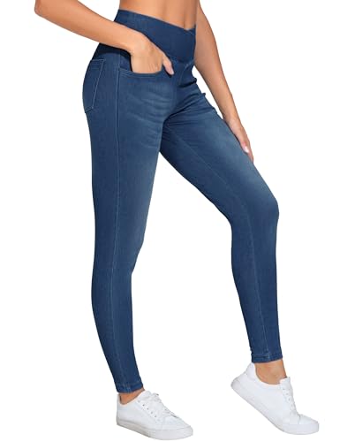 THE GYM PEOPLE Women's V Cross Denim Jegging Pants High Waisted Stretchy Skinny Jean Leggings with Pockets4