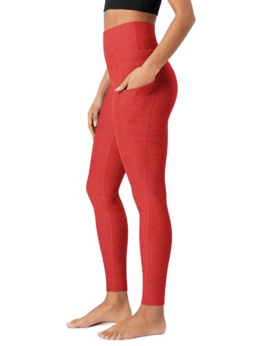 ODODOS Women's High Waisted Full Length Yoga Leggings with Pockets, 28" Inseam Ultra Soft odSTRATUM Tech Workout Running Yoga Pants, Red Heather, Medium