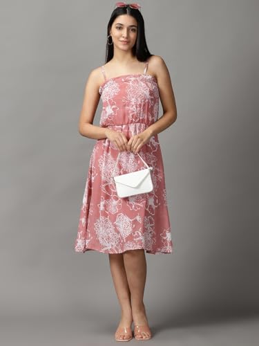Image of SHOWOFFFF Women Floral Fit and Flare Casual Dress | Shoulder Straps Sleeveless Georgette Dress for Womens | Knee Length Dress for Women's