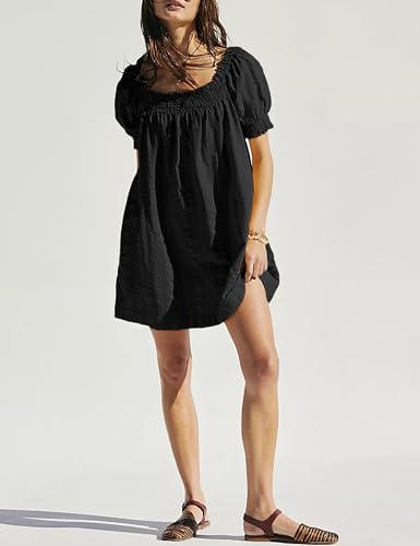 Image of Huaqiao Womens Summer Mini Dress 2026 A-Line Square Neck Puff Sleeve Beach Sundress Casual Short Dress with Pockets