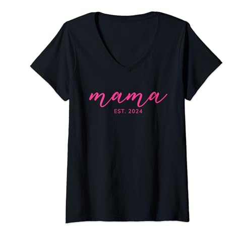 Mama Est. 2024 Rosa Hija Niña Anuncio de Embarazo Mamá Camiseta Cuello V