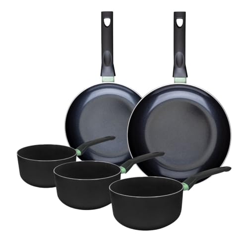 Fackelmann 9430750 Ensemble de 2 poêles de 24 et 28 cm et 3 casseroles 16, 18 et 20 cm, revêtement céramique antiadhésif, sans PFAS, tous feux, induction, four, Aluminium, Noir, Vert, 16, 18 et 20 cm