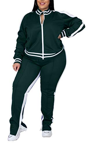 Women's Plus Size Jogging Suits Two Piece Stripe Cold Shoulder Sweatshirt Long Workout Pants Sweatsuits Tracksuits Sets Green XL