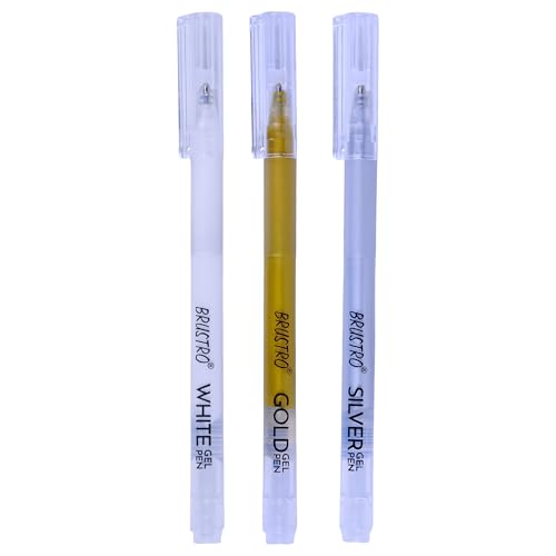 Image of BRUSTRO Assorted Gel Pen (White, Gold and Silver)|1mm Metal Tip - Set of 3,Opaque and Viscous Ink|Ideal For Drawing,Writing,Highlighting,Doodling,Scrapbooking,Mandala Art,Illustration