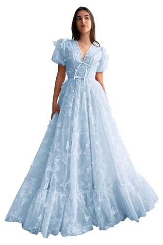 Zepumen Puffy Sleeve Tulle Prom Dresses for Women 2025 3D Butterfly Long Applique Formal Evening Party Gowns