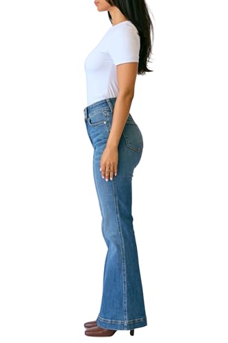 Judy Blue Women's High Waist Flare Jeans – Petite Fit, Tummy Control, Double Button WB, Stretch Denim, Inseam 30"4