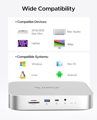 Image of ORICO StudioLink Mac mini Hub with SSD Enclosure & 7-in-1 Ports | NVMe /SATA M.2 SSD Dock for Mac mini M1 /M2 /Mac Studio | 10Gbps USB-C, SD /TF Card Reader, 3.5mm Audio, Aluminum Alloy