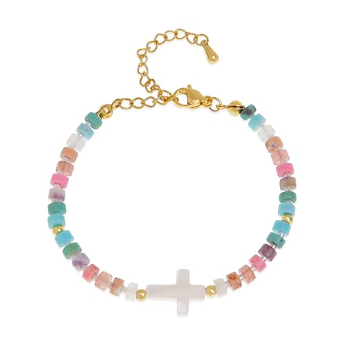 Cross Gemstone Beaded Strand Bracelet for Women,Trendy Cute Handmade Adjustable Natural Stone Bead Bracelets Fashion Christian Jewelry Gift.