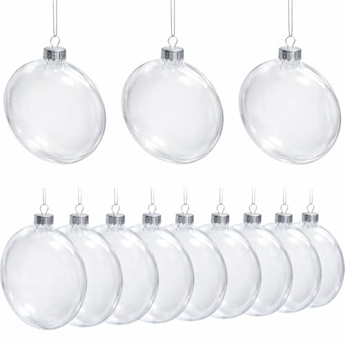 4Es Novelty Clear Flat Ball Ornaments for Crafts Fillable - Pack of 12 Bulk 80mm 3.15 Disc Shaped Transparent Shatterproof Christmas Ornaments for DIY Crafts to Paint Or Fill