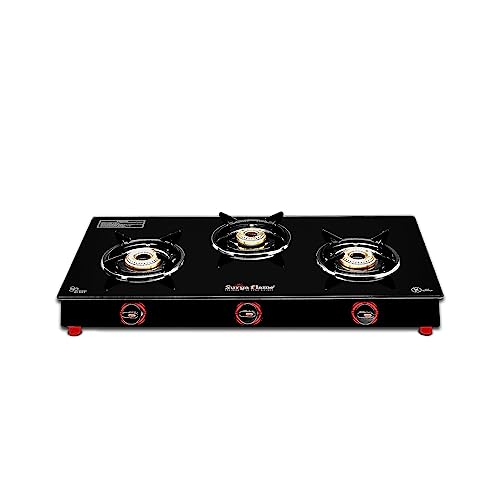 Surya Flame Smart Gas Stove 3 Burner Glass Top | LPG Gas Stove With 69% Thermal Efficiency | Anti Skid Rubber Legs | 2 Years Complete Doorstep Warranty