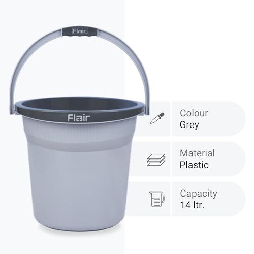 Image of FLAIR Estella 14L Set of 3 Plastic Bathroom Bucket, Grey | Strong & Durable Water Storage Bucket with Easy-Grip Handle | Virgin Plastic, Lightweight & Multipurpose for Bathing and Daily Use