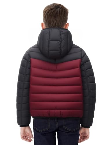 Happy Cherry Boy Girls Quilted Lightweight Jacket Contrast Color Puffer Coat with Zipper Pockets Hooded Outerwear 7-16Y2