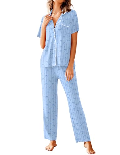 Image of Avidlove Women Pajamas Set Notch Collar Soft Sleepwear Pjs Short Sleeve Button Down Nightwear with Long Pants