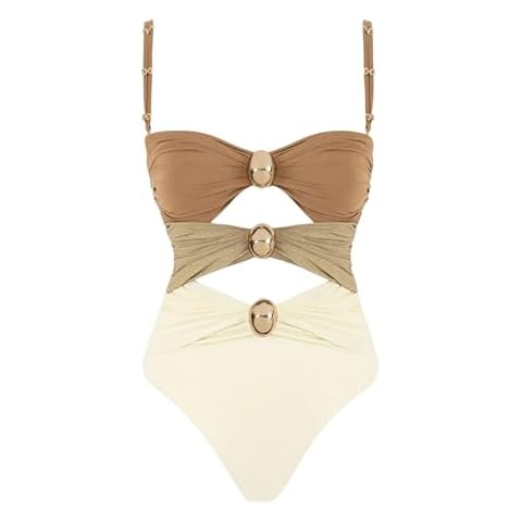 Verdusa Women's Cut Out Colorblock One Piece Swimsuit Ruched Swimwear Bathing Suit Brown Beige Small Cover