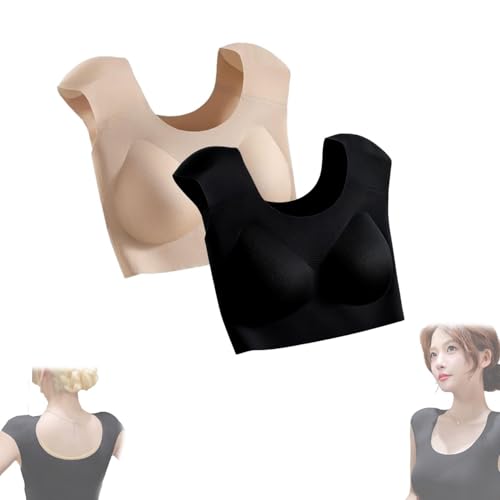 DYJAGYO Womens 2-in-1 Seamless Underwear with Built Shoulder Pad - High Elastic Comfortable Wireless Bra for Fashion (Nude/Black XX-Large)