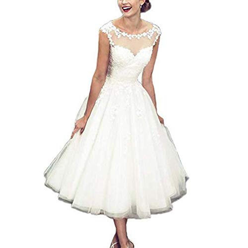 Abito da Ballo A-Line Abiti da Sposa Gioiello Collo Lunghezza Tè Pizzo Tulle Senza Maniche Vintage Anni '50 con Applicazioni Ricamate, Bianco, Us22W, L-F, bianca, US14W