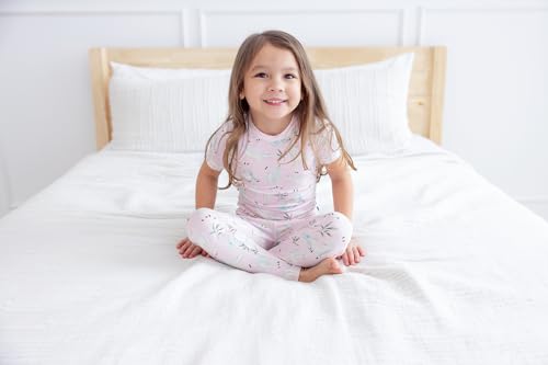 KicKee Print Short Sleeve Pajama Set, Baby to Kid, Viscose from Bamboo Fitted Pajamas, Seasonal Collections, Outdoors (Shrinking Violet Sleeping Unicorns - 5 Years)2