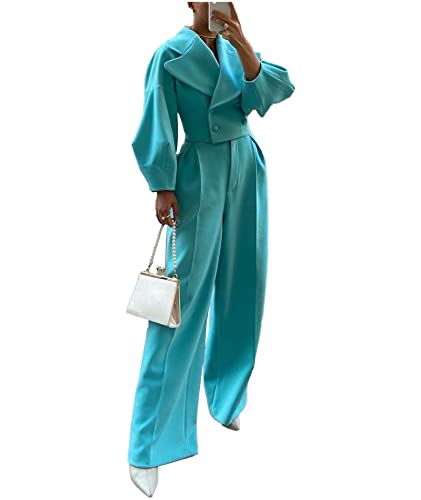 SOMTHRON Women's 2 Piece Outfits Notched Lapel Double Breasted Trench Coat Cropped Blazer Wide Leg Pants set
