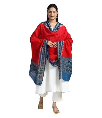 Image of Cotton Dupatta with weaving and Ikat woven border from the Weavers Stole for Girls & Women