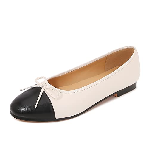 Image of Women's Cap Toe Ballet Flats Two Tone Bow Flats Round Toe Shoes for Women Slip on Casual, Work, Dress Flats Pumps for Women