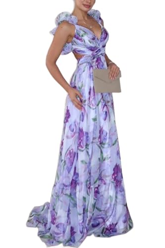 Genérico Estampado Floral, para Noche Vestido de Fiesta Largo de Tul con Volantes y Tirantes Finos