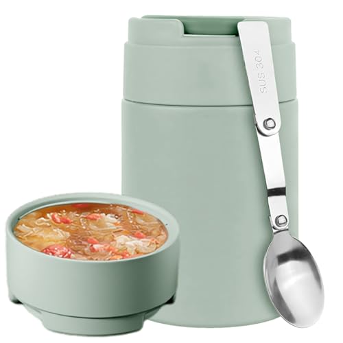 Food Flask 500ml, Thermos Food Flask & Soup Flask with Foldable Spoon, Vacuum Insulated Hot Food Container, Leak-Proof Stainless Steel Thermal Food Jar for Adults, Work, School, Travel﻿ (Green)
