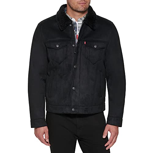 Levi's Men's Faux Leather Sherpa Lined Trucker Jacket, Black Faux Shearling, Medium