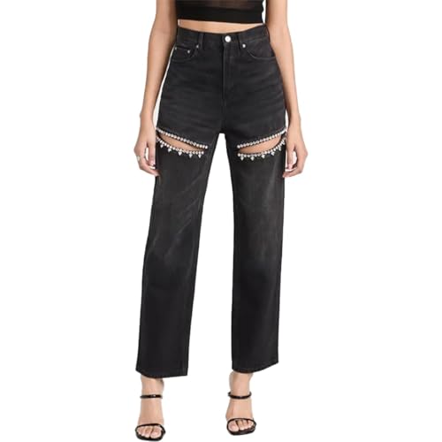 Women's Y2k Baggy Ripped Jeans High Waist Loose Rhinestone Distressed Wide Leg Pants for Women Streetwear