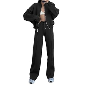 amropi Trainingsanzug Damen Jacke mit Reißverschluss und Jogginghose 2 Stück Kleidungsset Schwarz, S