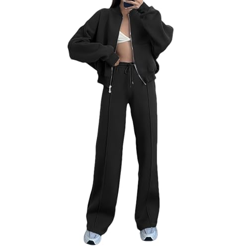 amropi Survêtement Femme Ensemble de Veste à Zippé et Pantalon Jogging Noir, XXL