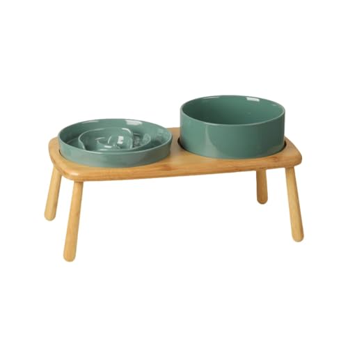 YAKINO 陶器製早食い防止食器(犬用噛みつき防止食器・飲み込み・吐き出し防止ボウル兼用) スタンド給餌トレイ付きのペット用食器で、安定感がありお手入れも簡単 独特な凹凸デザインが給餌時の各種トラブルを抑制 (ダークグリーンのスローフードボウル + スト