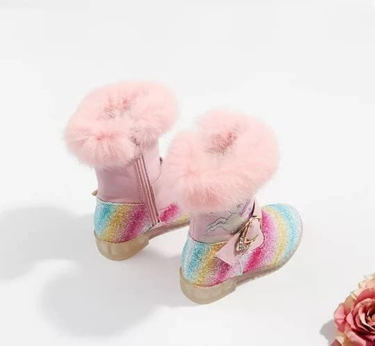 Girl's Unicorn Princess Winter Boots Ankle High + Fur Lining Warm Boots | Pink & White Unicorn Rainbow3