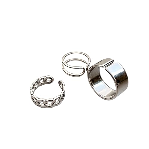 3 Pieces, Vintage Style Open Adjustable Rings Set,Silver Tone, Chain