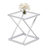CAFOM Square End Table with Tempered Glass Top, Stylish X-Shaped Metal Frame, Living Room Coffee Table, Sofa Side Table, Accent Tables for Small Spaces, Modern Bedside Table for Bedroom (Silver)