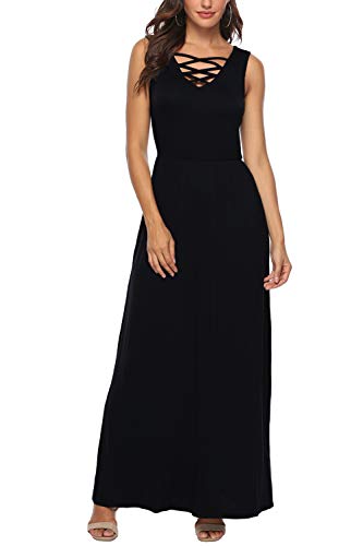 Zattcas Maxi Dresses for Women,Sleevess Casual Long Summer Dress with Pockets,Black,Small