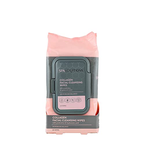 SpaScriptions Collagen Facial Cleansing Wipes 60 Ct - With Probiotics and Hyaluronic Acid for MicroBiome Balance