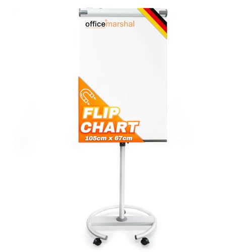 OfficeMarshal Flipchart Pizarra blanca móvil con pie de ruedas, 73 x 105 cm, altura regulable hasta 210 cm, se puede escribir, borrado en seco, magnético (tiburón)