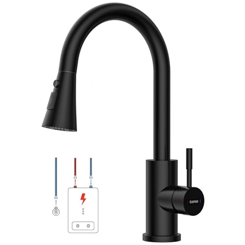 DAYONE Niederdruck Armatur Küche Schwarz, Küchenarmatur Ausziehbar mit 3 Strahlarten, Edelstahl Mischbatterie mit 3 Anschlüssen, 360° Drehbare Wasserhahn Küche, Niederdruck Spültischarmatur für Boiler