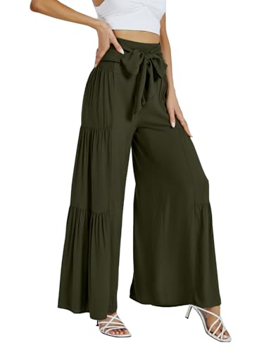 LYANER Women's Casual Tie Front Smocked High Waist Wide Leg Pleated Palazzo Lounge Pant3