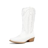 DREAM PAIRS Cowboy Boots for Women Cowgirl Western Mid Calf Boots Snip Toe Embroidered Stitched Low Chunky Heel Pull On Fashion Boots,Size 8,White,SDMB25005W-2