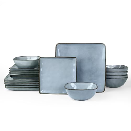 Famiware Ocean Square Plates and Bowls Set, 18 Pieces Dinnerware Sets, Dishes Set for 6, Microwave and Dishwasher Safe, Scratch Resistant, Blue