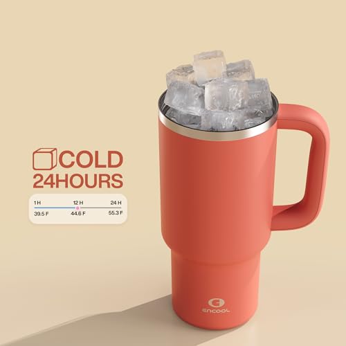 Image of ENCOOL 32 oz Tumbler with Handle and Straw: Stainless Steel Insulated Tumbler Keeps Cold for 24 Hours, Leakproof Travel Cup Fits in Cup Holder and BPA-Free,Tawny Orange