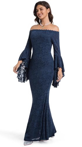 Image of HOYISHION Women's Off The Shoulder Floral Lace Maxi Dress White Bridesmaid Wedding Party Maternity Photoshoot Long Dresses