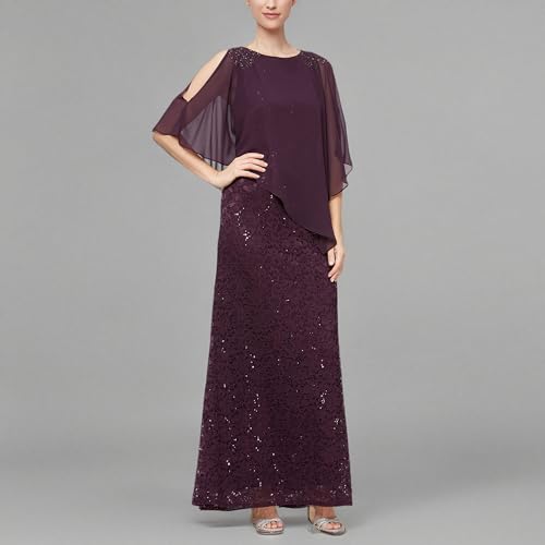S.L. Fashions Women's Long Length Sequin Lace Beaded Capelet Dress, Formal Evening Gown, (Petite and Regular Sizes)3