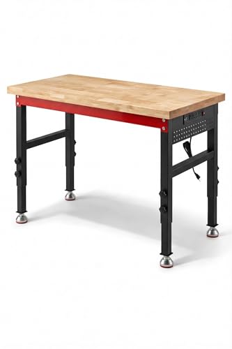 VekMax 48" Heavy Duty Workbench, 2500 LBS Load Capacity Work Bench with 1.2" Laminated Oak Wood Top & Reinforced Steel Frame, Adjustable Height Work Table for Garage, Workshop, Office, Home (Feet)