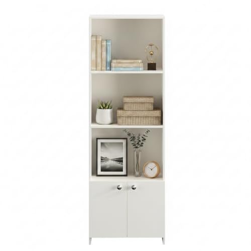 Image of FURNEASER Regal Tall Wooden Bookshelf with 2-Door Cabinet & 3 Open Shelves | Modern Multipurpose Bookcase for Living Room, Bedroom & Office | Engineered Wood, 161 x 50 x 30 cm (White)