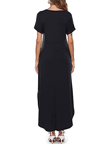 Women Summer Casual Maxi Dress Loose Pockets Short Sleeve Split Boho Dresses Pure Black S #TOP2