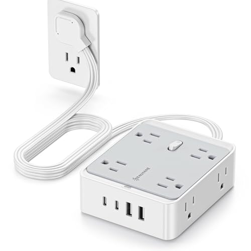 33W Fast Charging Extension Cords, 12-in-1 Extension Cord with USB Ports, Flat Wall Extension Cord with 8 AC Outlets 2 USB-A and 2 USB-C, Flat Plug Extension Cord with 950J Surge Protection for Home