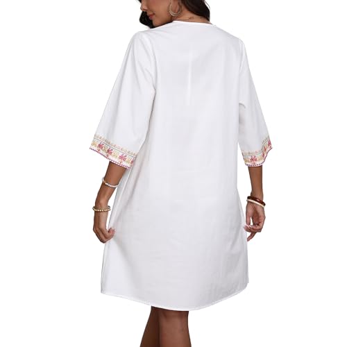 Image of LauraKlein Mexican Embroidered Dress for Women Plus Size Boho 3 /4 Sleeve Summer Dresses Fiesta V-Neck Casual Vacation Clothes