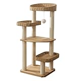 SHENGOCASE Modern Natural Wood Wooden Cat Tree Tower, 3 Large Rattan Wicker Basket Perch Beds with Cozy Cushion Sisal Scratching Post, Window View Design, for Cats up to 20 lbs